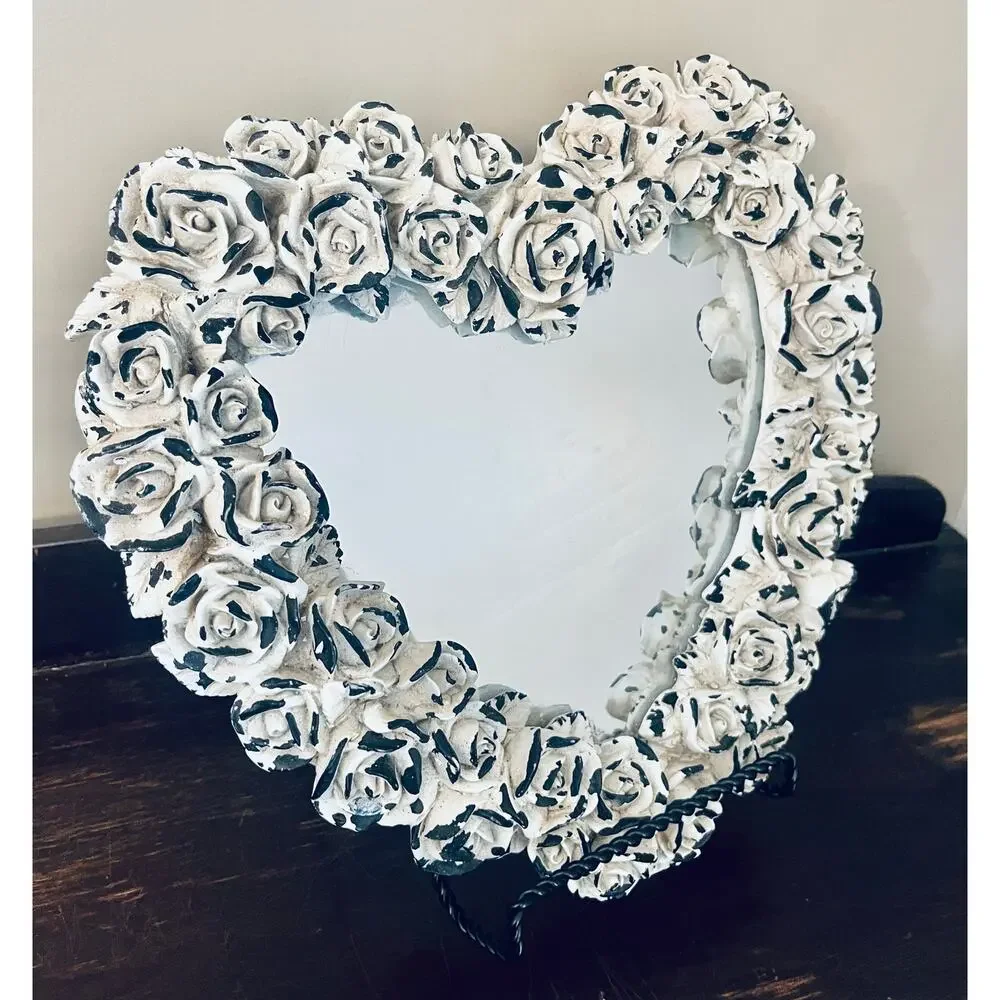 Decoline Heart VTG Wall Mirror Ivory Rose Shabby Cottage Chic Valentines 13”w